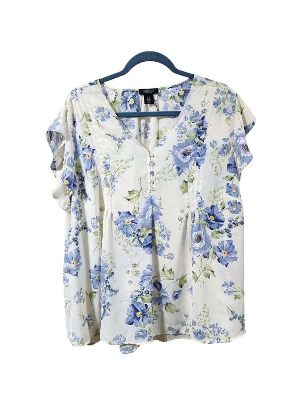 Jones & Co Floral Print V-Neck Blouse 1X White and Blue Short Sleeve Top